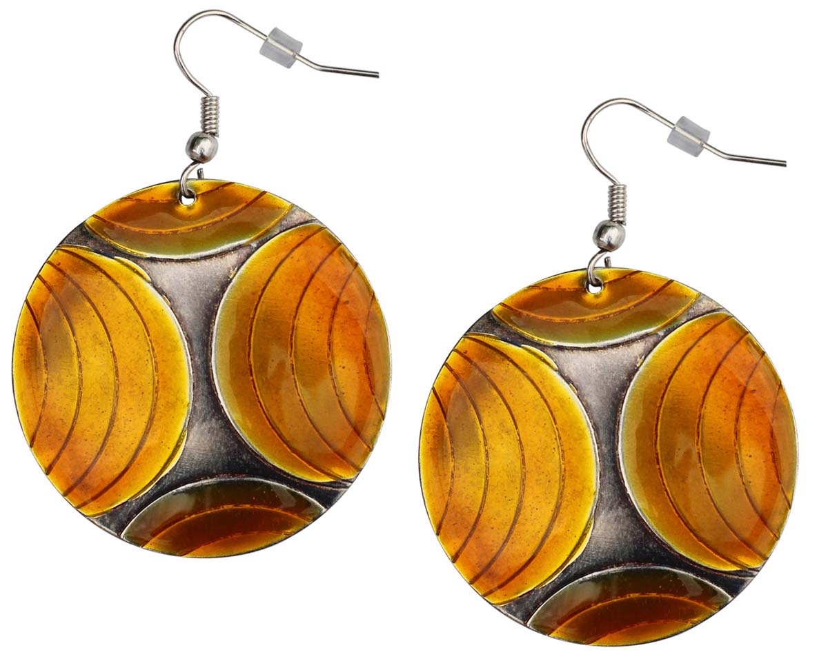 2.5” Pair of Round Hook Earrings in Brass - Etched Golden Tone on Silver - Drop Earrings / Women Fashion Jewelry - Buy in Bulk Wholesale